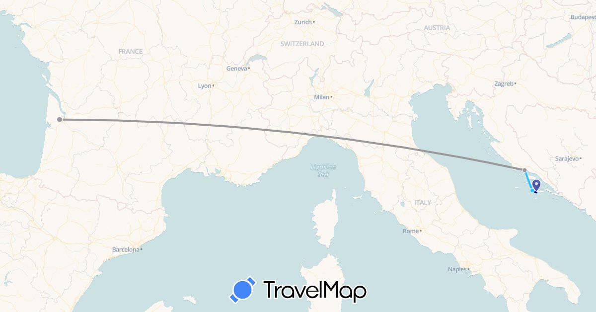 TravelMap itinerary: driving, plane, boat in France, Croatia (Europe)